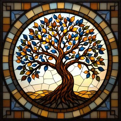 The primary subject of the image is a tree, which is depicted in a stained glass window. The tree is surrounded by a variety of leaves, creating a vibrant and lively scene. The setting is an outdoor environment, with the tree being the main focus of the image. The visual style is a combination of digital art and illustration, as the tree is depicted in a detailed and intricate manner. The colors and mood of the image are predominantly warm and inviting, with the tree and leaves creating