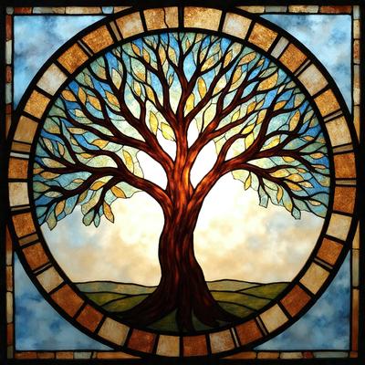 The primary subject of the image is a large tree with a bright red trunk, surrounded by a field. The tree is depicted in a stained glass style, giving it a unique and artistic appearance. The setting is a field, and the visual style is a combination of photo and digital art. The colors and mood of the image are vibrant and lively, with the red tree standing out against the field.