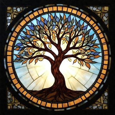 The primary subject of the image is a tree, which is the main focus of the scene. The tree is depicted in a stained glass window, giving it a unique and artistic visual style. The setting is an outdoor environment, with the tree surrounded by leaves and branches. The colors and mood of the image are warm and inviting, with the tree's branches and leaves creating a sense of growth and life.