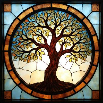 The primary subject of the image is a tree, which is depicted in a stained glass window. The tree is surrounded by a sunlit background, creating a warm and inviting atmosphere. The visual style of the image is a combination of digital art and illustration, as it is a stained glass window. The colors in the image are predominantly shades of green, brown, and yellow, which are associated with nature and warmth.