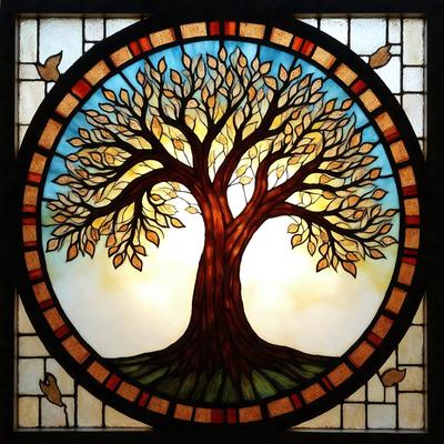 The primary subject of the image is a tree, which is the main focus of the scene. The tree is depicted in a stained glass window, giving it a unique and artistic visual style. The setting is an outdoor environment, with the tree surrounded by a field. The colors and mood of the image are warm and inviting, with the tree's vibrant colors and the overall atmosphere of the scene.