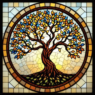 The primary subject of the image is a tree, which is depicted in a stained glass window. The tree is surrounded by a variety of leaves, creating a vibrant and lively scene. The setting is an outdoor environment, with the tree being the main focus of the image. The visual style is a combination of digital art and illustration, as the tree is depicted in a detailed and intricate manner. The colors and mood of the image are predominantly warm and inviting, with the tree and leaves creating