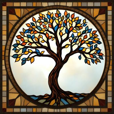 The primary subject of the image is a tree, which is depicted in a stained glass style. The tree is surrounded by a variety of leaves, creating a vibrant and colorful scene. The setting is outdoors, with the tree being the main focus of the image. The visual style is a combination of digital art and stained glass, giving the image a unique and artistic appearance. The colors and mood of the image are lively and cheerful, with the tree and leaves being the main source of color and