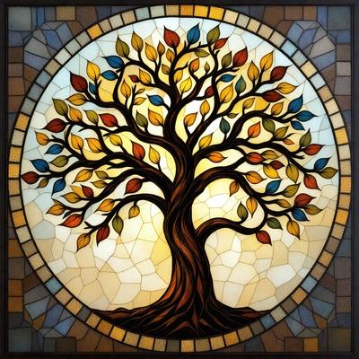 The primary subject of the image is a tree, which is the main object, scene, or focus of the image. The tree is depicted in a stained glass style, giving it a unique and artistic appearance. The setting or background of the image features a circular pattern, which adds to the visual style of the piece. The colors and mood of the image are predominantly warm and earthy, creating a sense of tranquility and connection to nature.