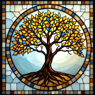 The primary subject of the image is a tree, which is depicted in a stained glass style. The tree is surrounded by a variety of leaves, creating a vibrant and colorful scene. The setting is outdoors, with the tree being the main focus of the image. The visual style is a combination of artistic elements, such as the stained glass design and the intricate details of the tree and leaves. The colors and mood of the image are lively and cheerful, with the tree and leaves being the