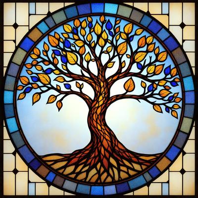 The primary subject of the image is a tree, which is depicted in a stained glass window. The tree is surrounded by a variety of leaves, creating a vibrant and lively scene. The setting is an outdoor environment, with the tree being the main focus of the image. The visual style is a combination of digital art and illustration, as the tree is depicted in a detailed and intricate manner. The colors and mood of the image are warm and inviting, with the tree and leaves creating a sense of