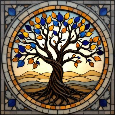 The primary subject of the image is a tree, which is depicted in a stained glass style. The tree is surrounded by a variety of leaves, creating a vibrant and colorful scene. The setting is outdoors, with the tree being the main focus of the image. The visual style is a combination of artistic elements, such as the stained glass design and the intricate details of the tree and leaves. The colors and mood of the image are lively and cheerful, with the tree and leaves being the