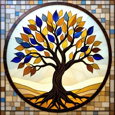 The primary subject of the image is a tree, which is depicted in a stained glass style. The tree is surrounded by a variety of leaves in different colors, creating a vibrant and lively scene. The setting is a mosaic tile, which adds a unique and artistic touch to the overall visual style. The colors and mood of the image are predominantly warm and inviting, with the tree and leaves serving as the focal point of the composition.
