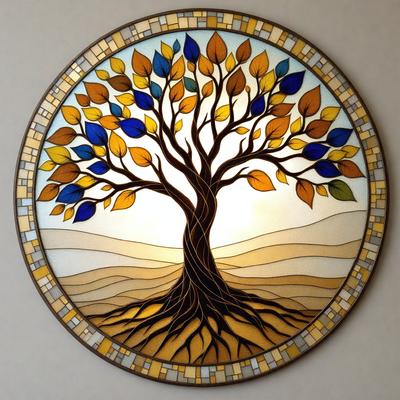 The primary subject of the image is a tree, which is depicted in a stained glass style. The tree is surrounded by a variety of leaves, creating a vibrant and colorful scene. The setting is a tile, which serves as the backdrop for the tree. The visual style is a combination of artistic elements, such as the stained glass design and the intricate details of the tree and leaves. The colors and mood of the image are lively and cheerful, with the tree and leaves providing a sense of