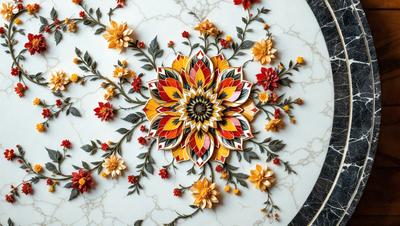 The primary subject of the image is a beautifully designed flower pattern, which is displayed on a white marble table. The setting is a table with a white marble surface, and the visual style is a combination of digital art and illustration. The colors and mood of the image are vibrant and lively, with the flower pattern being the main focus.