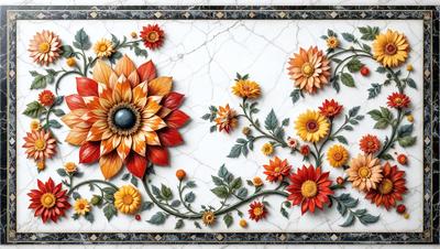 The primary subject of the image is a beautifully designed painting featuring a large flower with a blue center, surrounded by a variety of other flowers. The painting is set against a marble background, which adds to the elegance of the scene. The visual style of the image is a combination of digital art and illustration, creating a vibrant and detailed representation of the flowers. The colors and mood of the painting are predominantly warm and inviting, with the blue center of the flower serving as a striking focal point.
