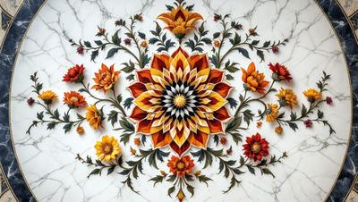 The primary subject of the image is a beautifully designed flower pattern, which is displayed on a marble wall. The setting is a white marble wall, and the visual style is a combination of digital art and illustration. The colors and mood of the image are vibrant and lively, with the flower pattern being the main focus.