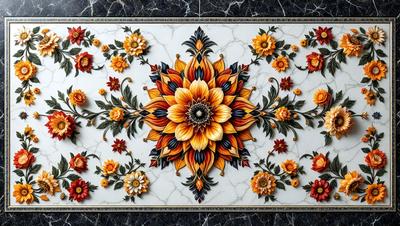 The primary subject of the image is a beautifully designed tile with a flower pattern. The tile features a large flower in the center, surrounded by smaller flowers. The setting is a marble countertop, which serves as the background for the tile. The visual style of the image is a combination of digital art and illustration, creating a vibrant and colorful display. The dominant colors in the image are yellow, orange, and red, which contribute to a warm and inviting atmosphere.