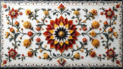 The primary subject of the image is a beautifully designed and intricately crafted flower pattern. The setting is a white marble surface, which serves as the background for the flower pattern. The visual style of the image is a combination of digital art and illustration, creating a vibrant and eye-catching design. The dominant colors in the image are yellow, orange, and red, which contribute to a warm and lively atmosphere.