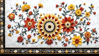 The primary subject of the image is a beautifully designed flower pattern, featuring a mix of yellow, orange, and red flowers. The setting is a marble surface, which adds a touch of elegance to the overall visual style. The image is a digital artwork, showcasing the intricate details of the flower pattern. The dominant colors in the image are yellow, orange, and red, creating a warm and vibrant atmosphere.