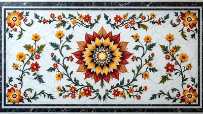 The primary subject of the image is a beautifully designed floral pattern, featuring a large flower in the center. The setting is a marble surface, which adds a touch of elegance to the scene. The visual style is a combination of digital art and illustration, creating a vibrant and intricate design. The dominant colors in the image are red, yellow, and orange, which evoke a warm and inviting atmosphere.