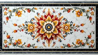The primary subject of the image is a beautifully designed carpet with a sunflower pattern. The carpet features a large sunflower in the center, surrounded by smaller sunflowers. The setting is a room with a marble floor, which complements the carpet's design. The visual style of the image is a combination of digital art and illustration, creating a vibrant and colorful atmosphere. The dominant colors in the carpet are yellow and orange, which evoke a warm and inviting mood.