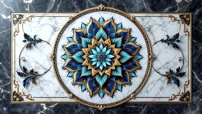 The primary subject of the image is a beautifully designed blue and gold flower, which is the main focus of the image. The setting is a marble table, and the visual style appears to be a combination of digital art and illustration. The dominant colors in the image are blue and gold, creating a sense of elegance and sophistication.