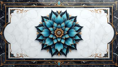 The primary subject of the image is a blue and gold flower, which is the main focus of the image. The setting is a white marble surface, which serves as the backdrop for the flower. The visual style of the image is a combination of digital art and illustration, creating a vibrant and detailed representation of the flower. The dominant colors in the image are blue and gold, giving the flower a striking and elegant appearance.