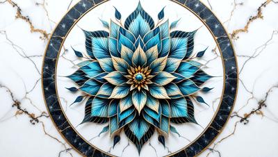 The primary subject of the image is a beautifully crafted blue and gold flower design. The setting is a white marble surface, which serves as the background for the flower. The visual style of the image is a combination of digital art and illustration, creating a vibrant and intricate pattern. The dominant colors in the image are blue and gold, giving the overall atmosphere a sense of elegance and sophistication.