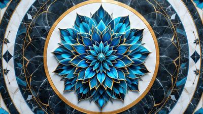 The primary subject of the image is a blue and gold flower, which is the main object, scene, or focus of the image. The setting is a white marble surface, and the visual style appears to be a digital art or illustration. The dominant colors in the image are blue and gold, creating a vibrant and lively atmosphere.