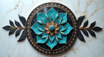 The primary subject of the image is a decorative plate featuring a blue flower design. The plate is placed on a marble surface, which serves as the setting or background. The visual style of the image is a combination of photo and digital art, creating a unique and intricate design. The dominant colors in the image are blue and gold, giving the overall atmosphere a sense of elegance and sophistication.