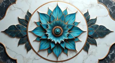 The primary subject of the image is a blue flower with a yellow center, which is the focal point of the scene. The flower is placed on a white marble surface, which serves as the background. The visual style of the image is a combination of digital art and illustration, creating a vibrant and colorful display. The dominant colors in the image are blue and yellow, which evoke a sense of freshness and warmth.