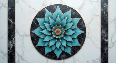 The primary subject of the image is a blue and yellow flower, which is the main object, scene, or focus of the image. The setting is a marble surface, and the visual style appears to be a combination of digital art and illustration. The dominant colors in the image are blue and yellow, creating a vibrant and lively atmosphere.