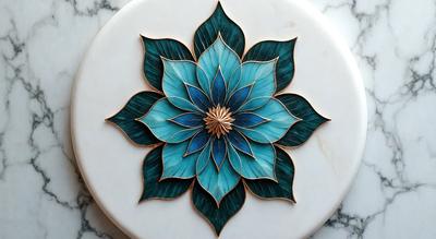 The primary subject of the image is a beautifully crafted blue and green flower design, which is the main focus of the image. The setting is a white marble table, providing a clean and elegant backdrop for the flower design. The visual style of the image is a combination of digital art and illustration, showcasing the intricate details of the flower design. The dominant colors in the image are blue and green, creating a serene and calming atmosphere.