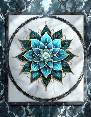 The primary subject of the image is a blue and gold flower, which is the main object, scene, or focus of the image. The setting is a marble surface, and the visual style appears to be a combination of photo and digital art. The dominant colors are blue and gold, creating a vibrant and lively atmosphere.