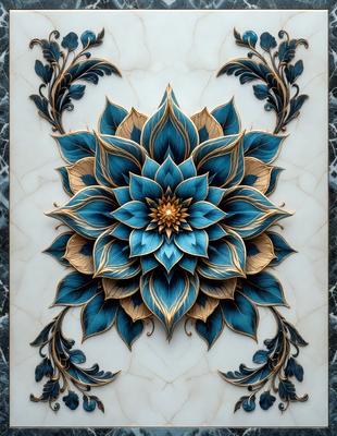 The primary subject of the image is a beautifully designed blue flower, which is the main focus of the image. The setting is a white marble surface, which serves as the backdrop for the flower. The visual style of the image is a combination of digital art and illustration, creating a vibrant and detailed representation of the flower. The dominant colors in the image are blue and white, giving the scene a serene and elegant atmosphere.