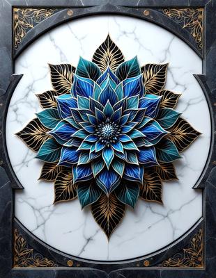The primary subject of the image is a beautifully crafted blue and gold flower, which is the main focus of the image. The flower is set against a white marble background, giving it a clean and elegant appearance. The visual style of the image is a combination of digital art and illustration, creating a vibrant and detailed representation of the flower. The dominant colors in the image are blue and gold, which evoke a sense of tranquility and sophistication.