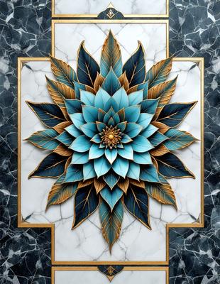 The primary subject of the image is a blue flower with gold accents, which is the main object, scene, or focus of the image. The setting is a white marble surface, and the visual style is a digital art or illustration. The dominant colors are blue and gold, creating a calm and serene atmosphere.