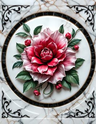 The primary subject of the image is a beautifully painted pink flower on a white marble surface. The setting is a round, ornate plate with a decorative design. The visual style is a combination of painting and digital art, creating a vibrant and elegant appearance. The dominant colors are pink and white, giving the image a warm and inviting atmosphere.