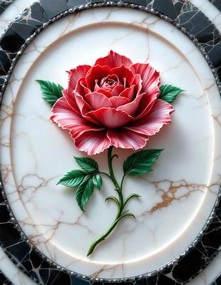 The primary subject of the image is a beautifully crafted, three-dimensional red rose. The rose is placed on a marble table, which serves as the setting for the scene. The visual style of the image is a combination of photo and digital art, creating a realistic and artistic representation of the rose. The dominant colors in the image are red and white, giving the rose a vibrant and elegant appearance. The overall atmosphere of the image is one of elegance and sophistication, with the rose as the foc