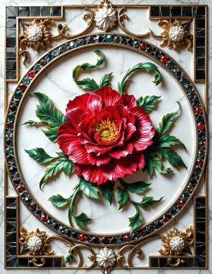 The primary subject of the image is a beautifully crafted flower, likely a red rose, with intricate details and a gold frame. The flower is the centerpiece of the scene, and it is set against a marble or stone background. The visual style of the image is a combination of digital art and illustration, creating a stunning and realistic representation of the flower. The colors in the image are predominantly red and gold, giving the scene a warm and vibrant atmosphere.