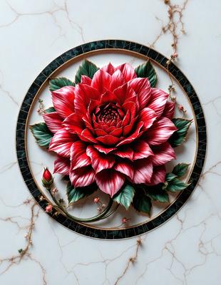 The primary subject of the image is a large, red flower with green leaves, which is the main focus of the image. The setting is a white marble surface, which serves as the backdrop for the flower. The visual style of the image is a combination of photo and digital art, creating a realistic yet artistic representation of the flower. The dominant colors in the image are red and green, giving the flower a vibrant and lively appearance.