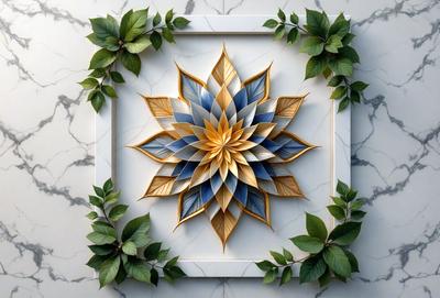 The primary subject of the image is a beautifully crafted, three-dimensional flower design. The flower is made of wood and features a combination of blue, yellow, and gold colors. The setting is a white frame, which serves as a backdrop for the flower design. The visual style of the image is a combination of artistic craftsmanship and digital art, creating a unique and eye-catching piece. The colors and mood of the image are vibrant and lively, with the blue, yellow, and gold