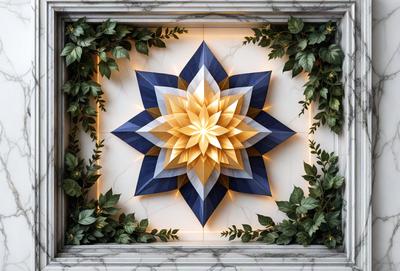 The primary subject of the image is a large, intricate, and colorful paper flower design. The setting is a white wall, and the visual style appears to be a combination of digital art and illustration. The dominant colors in the image are blue, yellow, and orange, creating a vibrant and lively atmosphere.