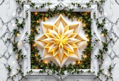 The primary subject of the image is a large, intricately designed paper flower, which is the main focus of the scene. The flower is placed in a white frame, giving it a clean and elegant appearance. The setting is a white wall, which serves as a neutral and uncluttered background for the flower. The visual style of the image is a combination of digital art and illustration, as the paper flower is skillfully crafted and the overall composition is well-executed. The colors and mood of the image are pre