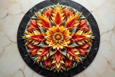 The primary subject of the image is a large, intricate, and colorful flower design. The setting is a round surface, possibly a table or a wall, with a marble texture. The visual style appears to be a combination of digital art and illustration, creating a vibrant and eye-catching pattern. The dominant colors in the image are orange, yellow, and green, giving the design a warm and lively atmosphere.