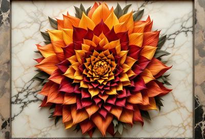 The primary subject of the image is a large, intricate, and colorful flower design. The flower is the main focus of the image, and it is displayed on a marble surface. The visual style of the image is a combination of digital art and illustration, creating a vibrant and eye-catching pattern. The dominant colors in the image are red, orange, and yellow, giving the flower a warm and lively appearance. The overall atmosphere of the image is one of beauty and creativity, showcasing the art