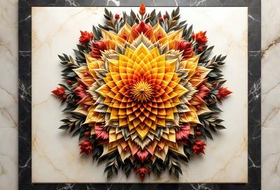 The primary subject of the image is a large, intricate, and colorful flower design. The setting is a white marble surface, which serves as the background for the flower pattern. The visual style of the image is a combination of digital art and illustration, creating a vibrant and eye-catching display. The dominant colors in the image are orange, yellow, and red, which contribute to the overall lively and cheerful atmosphere.