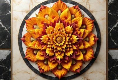 The primary subject of the image is a large, intricately designed flower pattern. The setting is a white surface, possibly a wall or a table, with the flower pattern as the main focus. The visual style appears to be a combination of digital art and illustration, creating a vibrant and colorful display. The dominant colors in the image are yellow and orange, giving the pattern a warm and lively atmosphere.