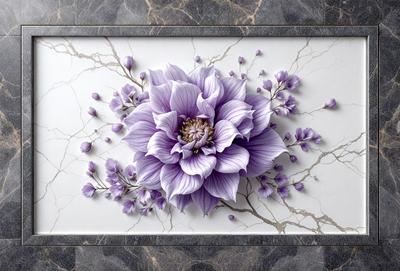 The primary subject of the image is a purple flower, which is the main focus of the scene. The setting is a marble table, and the visual style appears to be a combination of digital art and illustration. The dominant colors in the image are purple and white, creating a calm and elegant atmosphere.