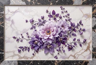 The primary subject of the image is a beautifully drawn purple flower, which is the centerpiece of the artwork. The setting is a white marble surface, which serves as the background for the flower. The visual style is a combination of digital art and illustration, creating a vibrant and detailed representation of the flower. The colors and mood of the image are predominantly purple, giving it a serene and elegant atmosphere.