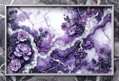 The primary subject of the image is a purple flower, which is the main focus of the scene. The setting is a marbled surface, which serves as the backdrop for the flower. The visual style of the image is a combination of digital art and illustration, creating a unique and artistic representation of the flower. The dominant colors in the image are purple and black, giving the scene a sophisticated and elegant atmosphere.