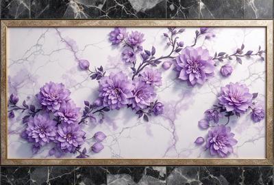 The primary subject of the image is a beautifully designed picture of purple flowers on a marble surface. The setting is a marble wall, and the visual style is a combination of digital art and illustration. The colors and mood of the image are predominantly purple, creating a serene and elegant atmosphere.