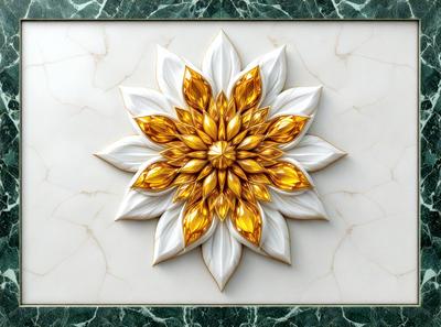The primary subject of the image is a beautifully crafted flower made of glass. The flower is placed on a marble surface, which serves as the setting and background of the scene. The visual style of the image is a combination of digital art and illustration, as the flower is intricately designed and appears to be a part of a larger pattern. The colors and mood of the image are warm and inviting, with the yellow and gold hues of the glass flower creating a sense of vibrancy and life.