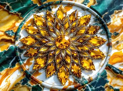 The primary subject of the image is a yellow flower with a yellow center, which is the main focus of the image. The setting is a table with a marble surface, and the visual style appears to be a photo. The colors and mood of the image are predominantly yellow, creating a warm and vibrant atmosphere.